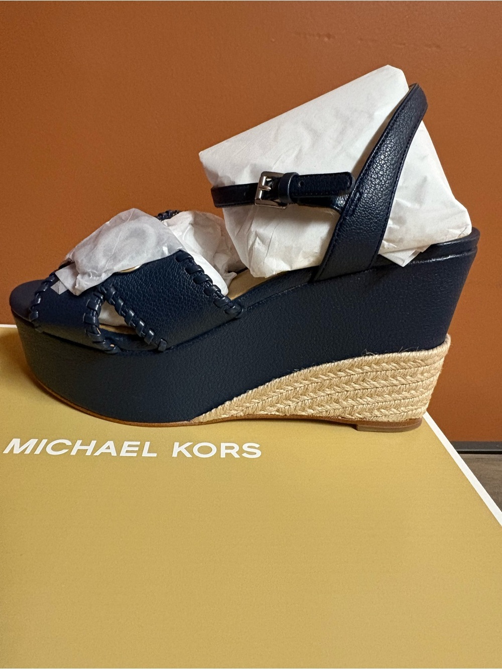 Michael Kors Navy Leather Platform Wedge Sandals with MK Medallion - Picture 9 of 10